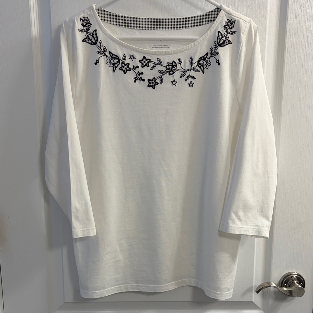 Talbots White Long Sleeve Top with Black Embroidery